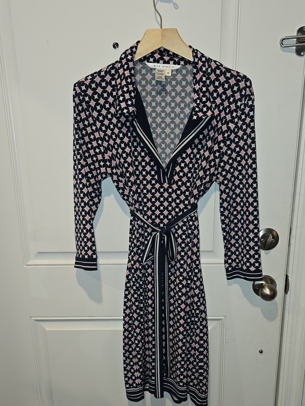 Max Studio Navy and Pink Geometric Wrap Dress with Tie Waist